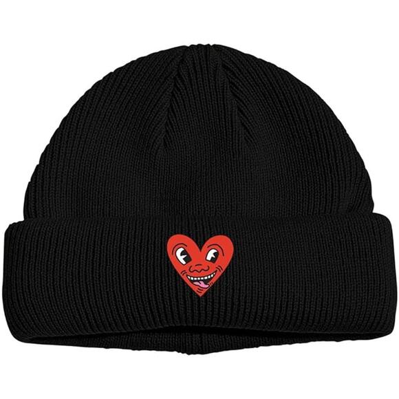 Keith Haring Black Rolled Knit Beanie Hat Embroidered Laughing Heart Unisex - Picture 1 of 10